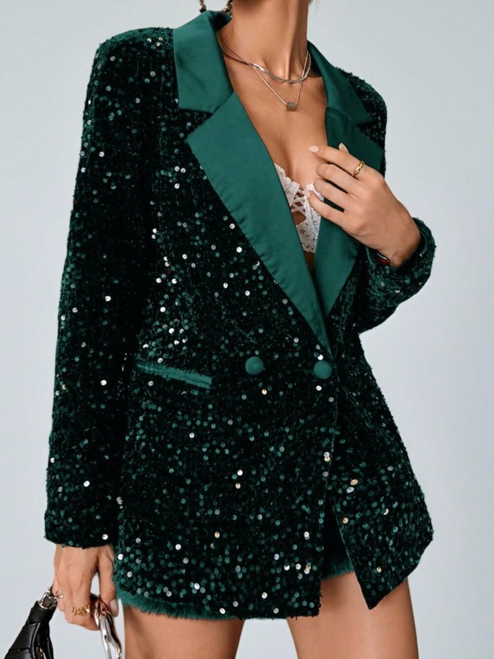 Dark Green Party Women's Design Loose Sequin Fabric Patchwork Blazer Jacket - Picture 1 of 8